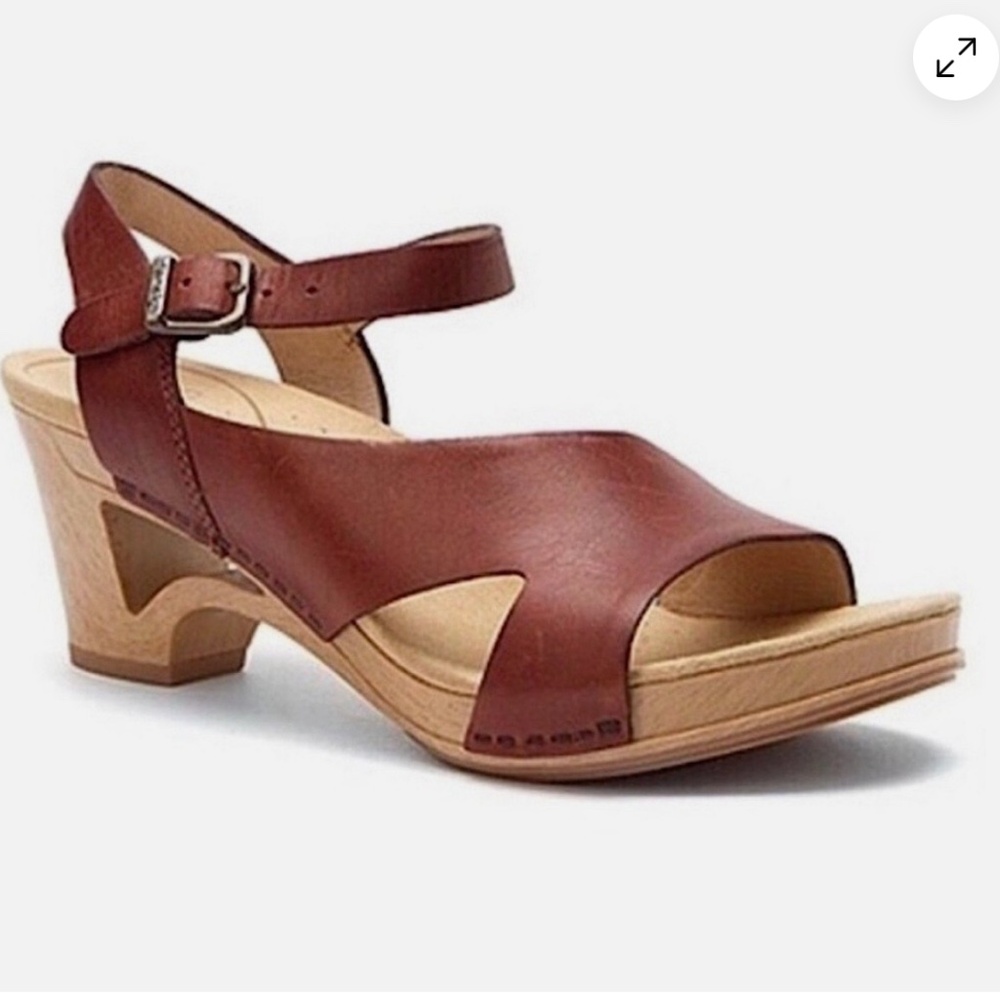 Dansko Tasha Wooden Clog Sandals in Cognac Brown Leather
